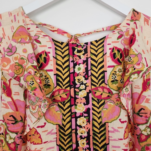 Free People Linen Pink/Cream Floral Print Ruffled Hem Tunic/Mini Dress Size L - Picture 6 of 12